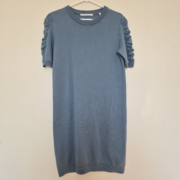 YAYA Women's Minimalist Casual Chic Teal Knitted Ruched Sleeve Midi Dress Size M - Picture 2 of 5